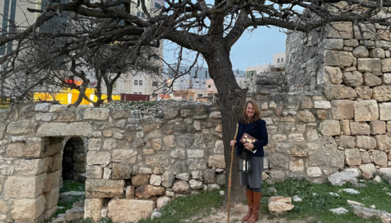Kathleen Nichols en Mamre, Hebron en donde Abram fue encontrado por tres ángeles, bajo un laberinto. Tiene el bastón de Abraham y la lámpara de la fe que son símbolos de esta peregrinación actual de cuaresma